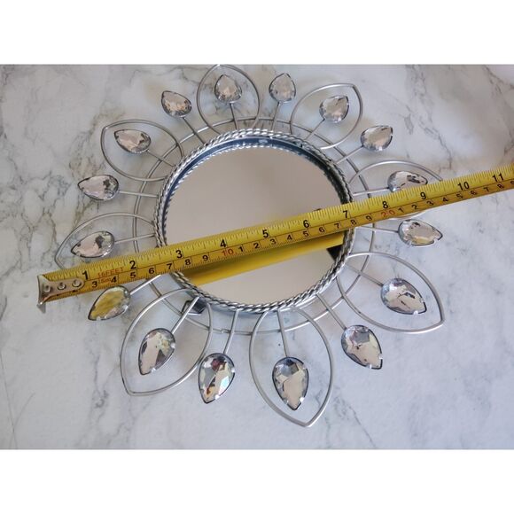Round Wall Accent Decorative Mirror Silver Metal Flower Rhinestone 9.5" - Picture 3 of 13